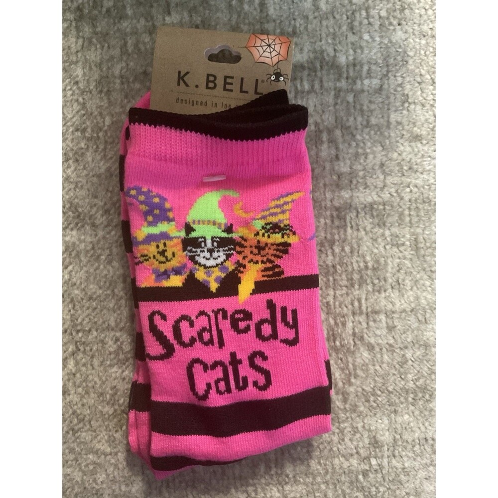 K.bell Scaredy Cats In Hats Pink Neon Black Stripes Halloween Socks Size 9-12